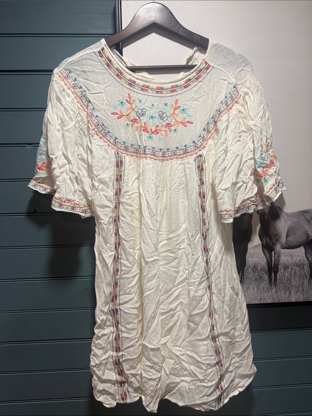 Embroidered Cream Boho Peasant dress- Women
